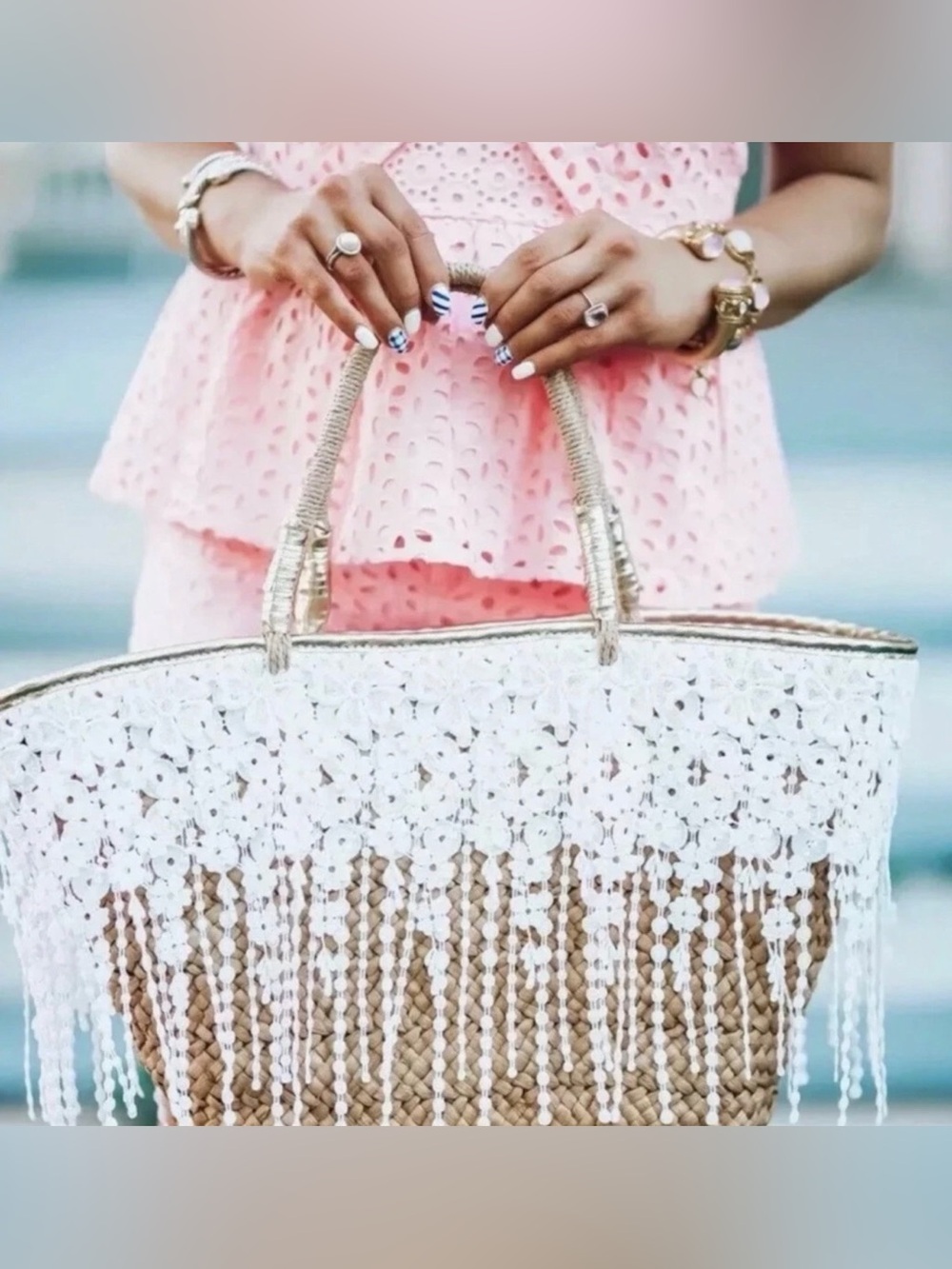 Lilly Pulitzer Ivy Straw Tote bag purse lace fringe detail